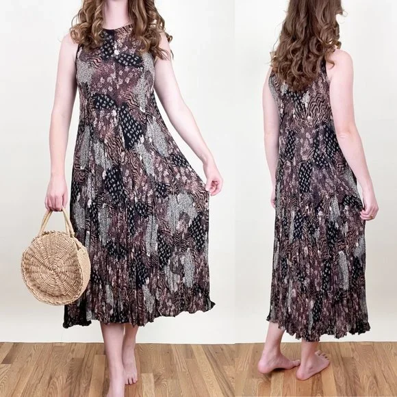 Vintage Patchwork Pleated Crinkle Midi Maxi Dress Quilt Animal Print Boho Hippie - Picture 1 of 5